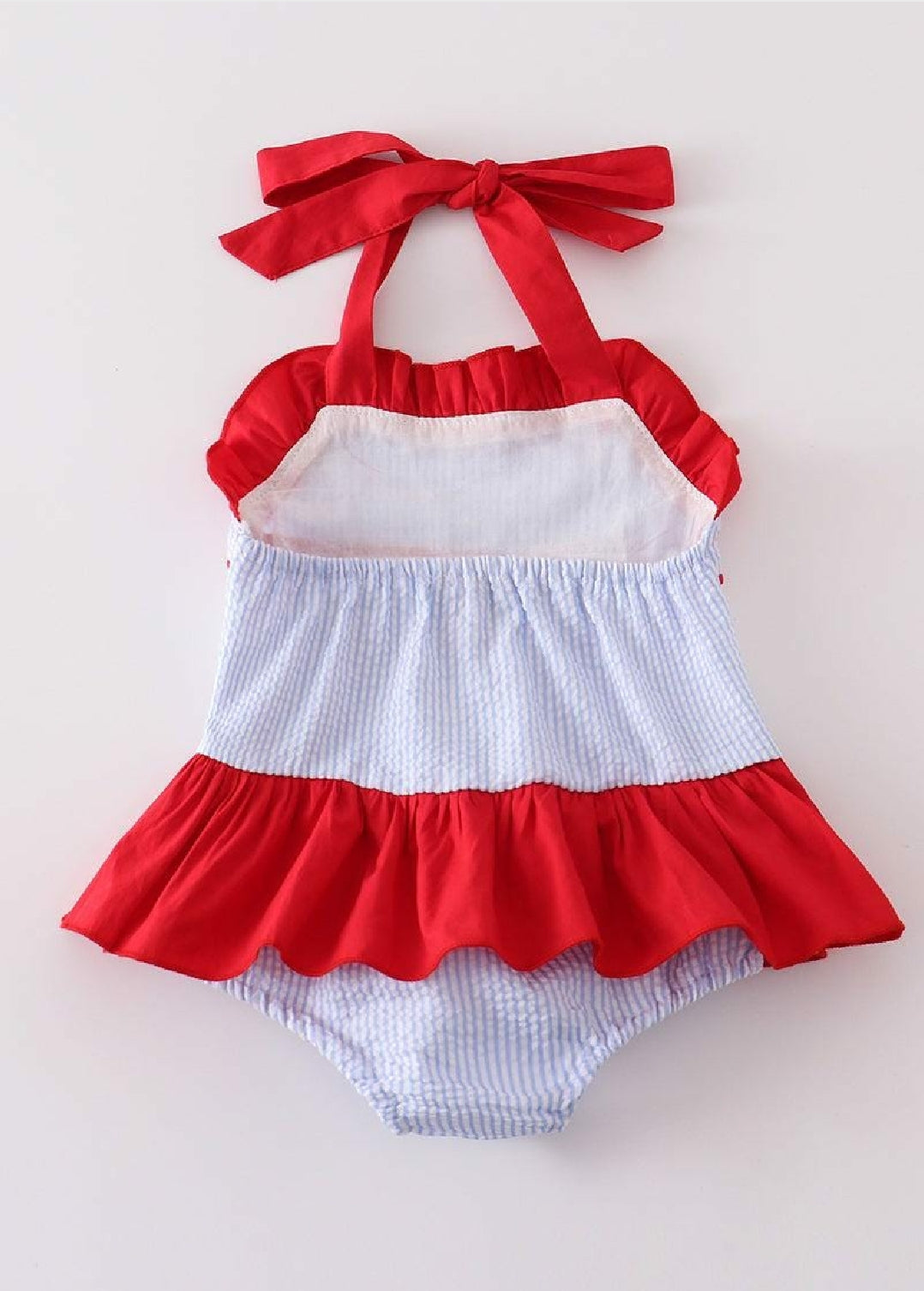Girl's Boutique Seersucker Patriotic Flag Waves Embroidered Embroidery 4th Of July One Piece Swimsuit Matching Sibling