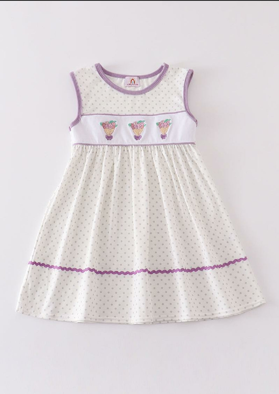 Girl's Boutique Cotton White Purple Bouquet Floral Flower Dots Embroidered Embroidery Dress