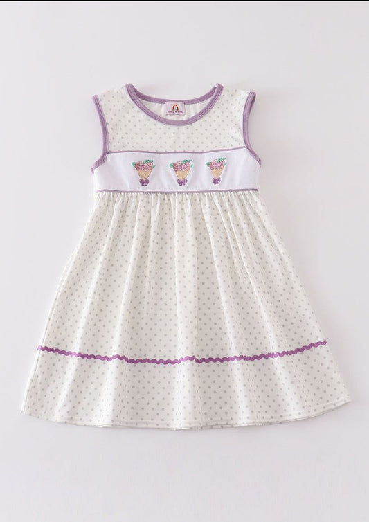 Girl's Boutique Cotton White Purple Bouquet Floral Flower Dots Embroidered Embroidery Dress
