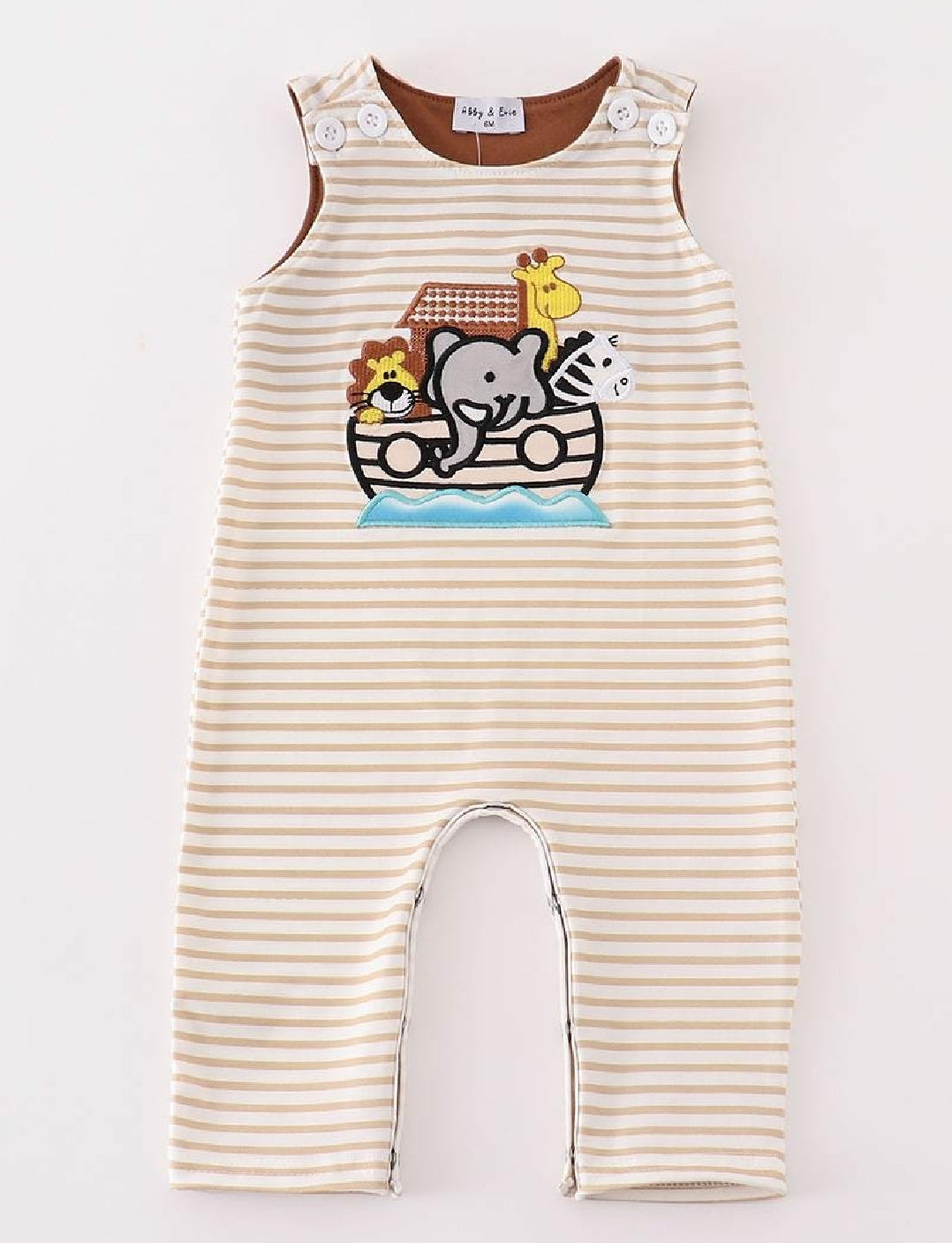 Boy's Boutique Brown And Cream Noah's Ark Applique Embroidered Embroidery Stripe Jon Jon Romper Outfit Matching Sibling