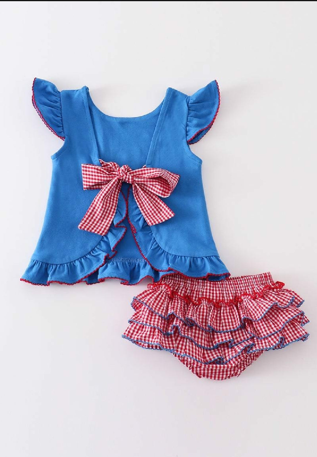 Girl's Boutique Premium Patriotic Plaid Flag 2 PC Ruffle Bloomer Set 4th of July Sibling Matching
