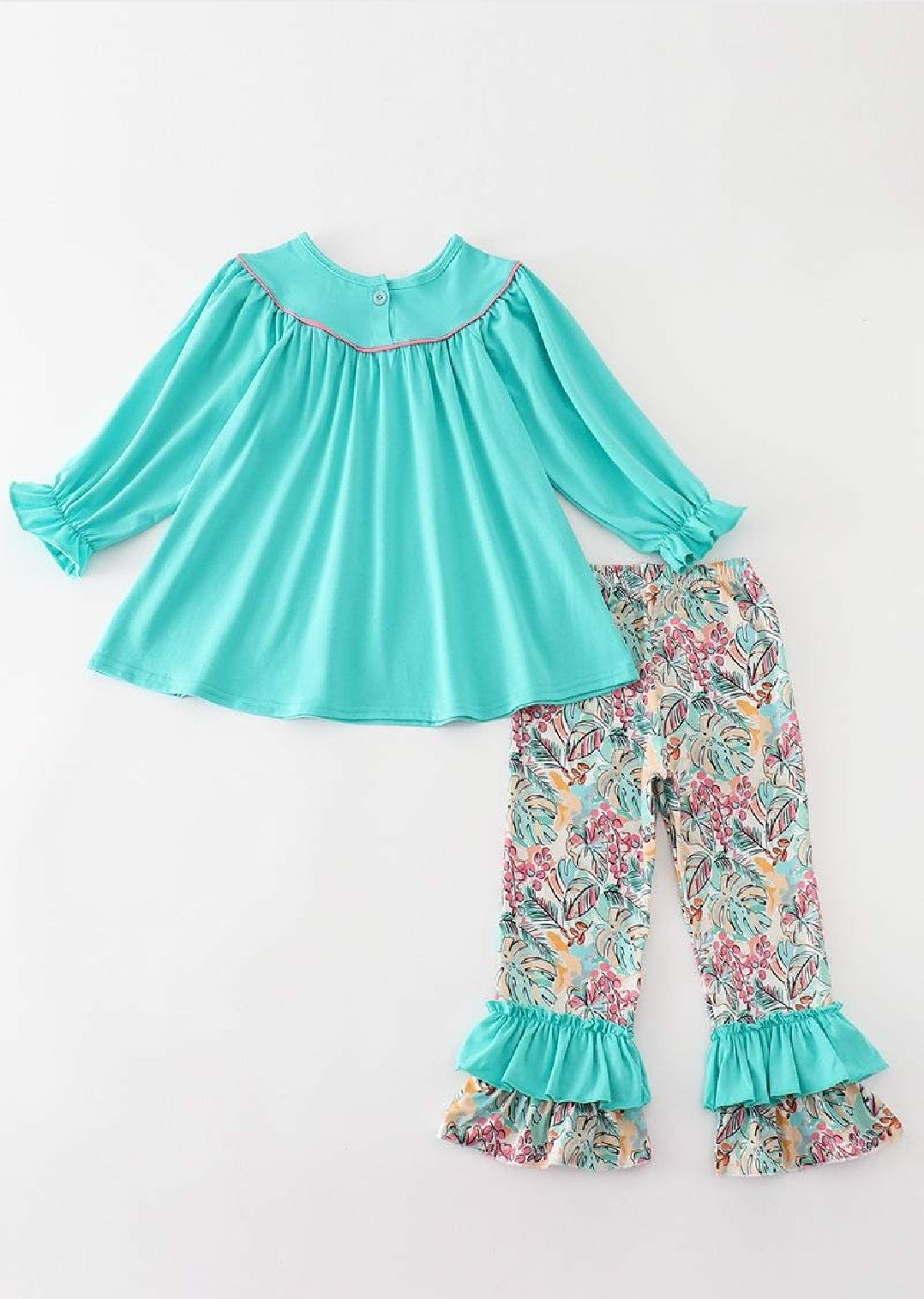 Girl's Boutique Teal Floral Print Forest Animal Embroidered Embroidery Baby Toddler 2PC Set Matching Sibling