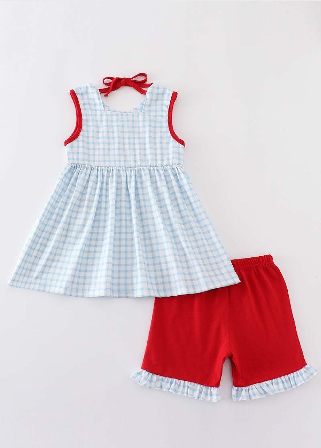 Girl's Boutique Patriotic Checkered Flag Red And Blue 2 Piece Short Set Embroidery Embroidered 4th of July Sibling Matching