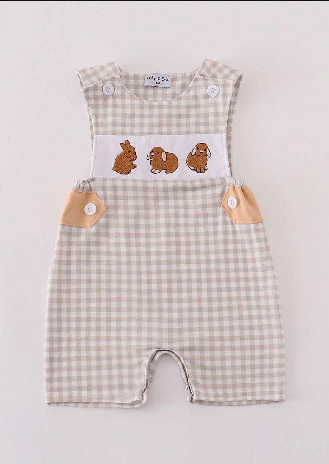 Boy's Boutique Easter Tan Bunny Bunnies Applique Embroidered Embroidery JonJon Romper Outfit Matching Sibling