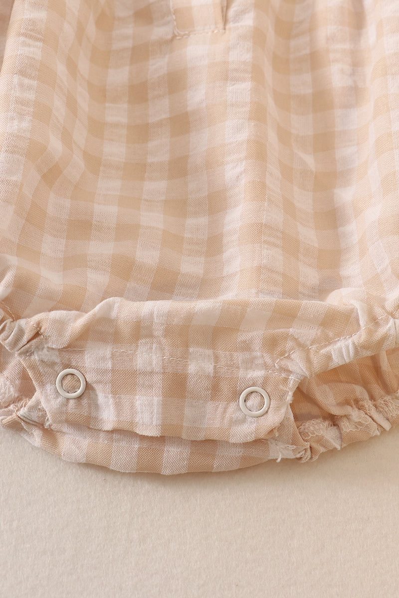 Girl's Boutique Cream Plaid Linen Button Down Checkered Flannel Lace Bubble Romper Matching Sibling