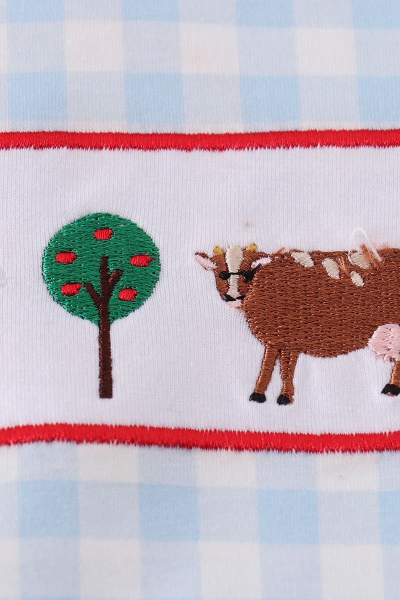 Boy's Boutique Blue Farm Farmer Cow Barn Embroidered Embroidery Romper Outfit Matching Sibling
