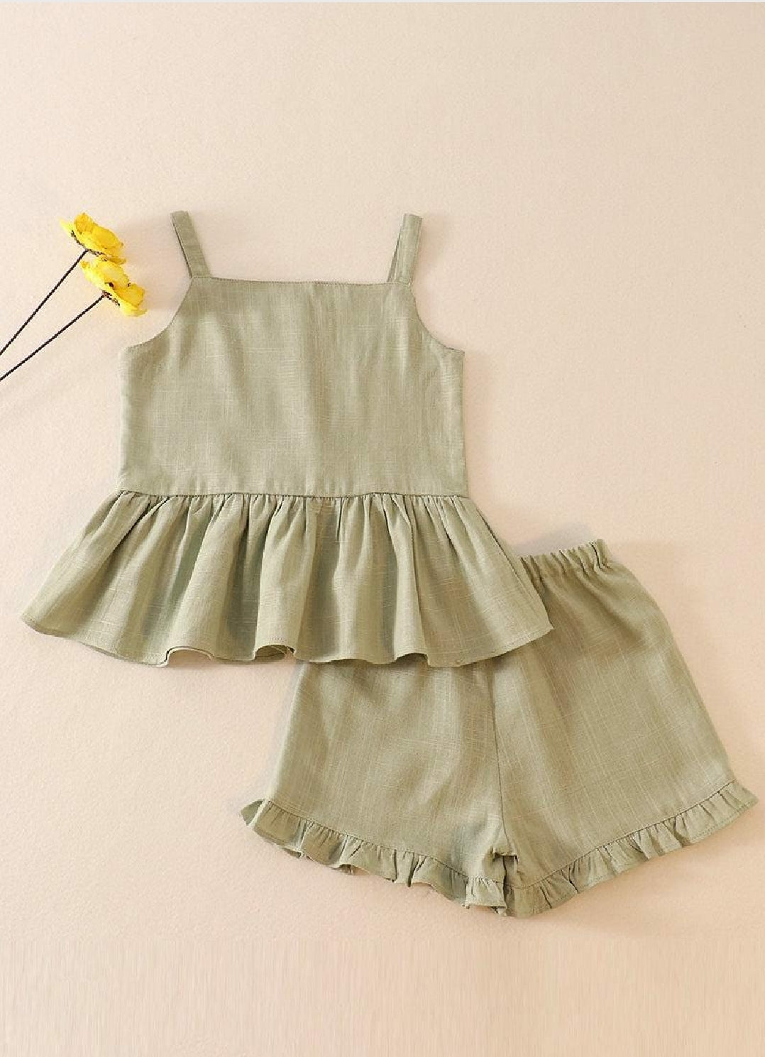 Girl's Boutique Sage Green Linen Ruffle 2 Two Piece Summer Outfit Set Matching Sibling