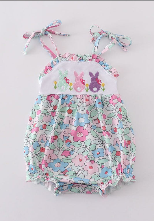 Girl's Boutique Easter Floral Bunny Romper Outfit Sibling Matching Embroidered Embroidery