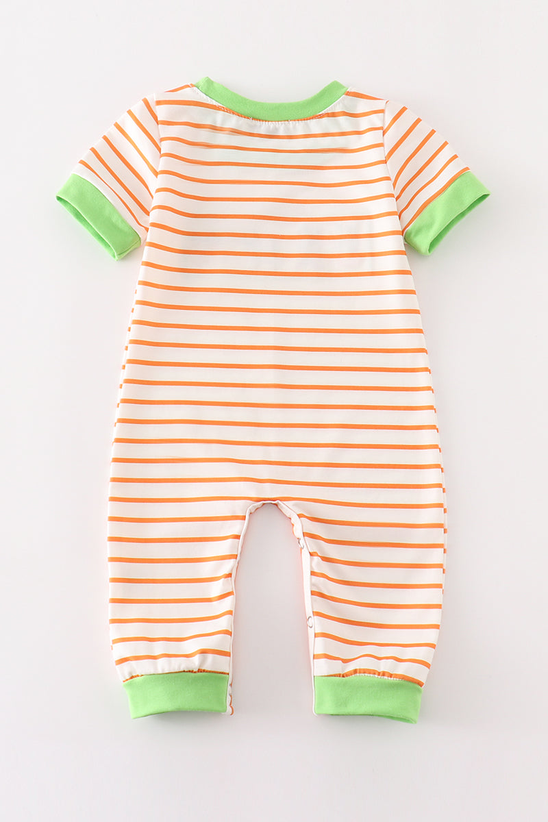 Boy's Boutique Orange And Green Cat Halloween Striped Romper Sibling Matching Size 3M