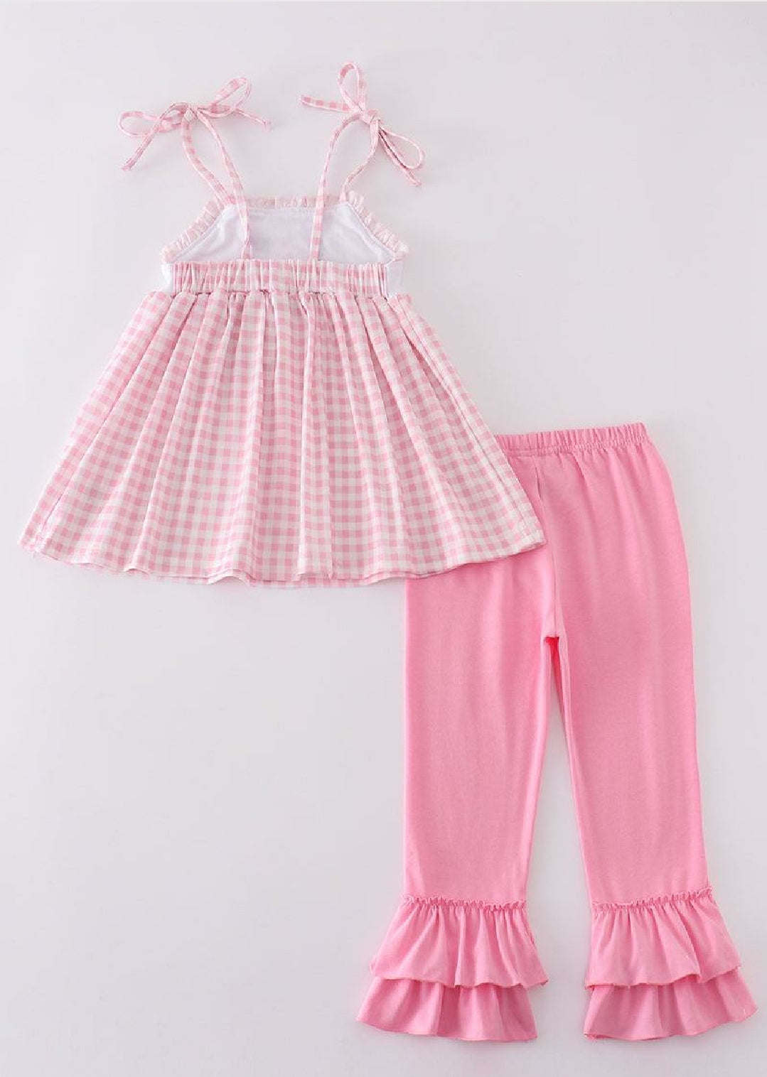 Girl's Boutique Pink Easter Bunny Gingham Two Piece Pant Set Outfit Sibling Matching Embroidered Embroidery