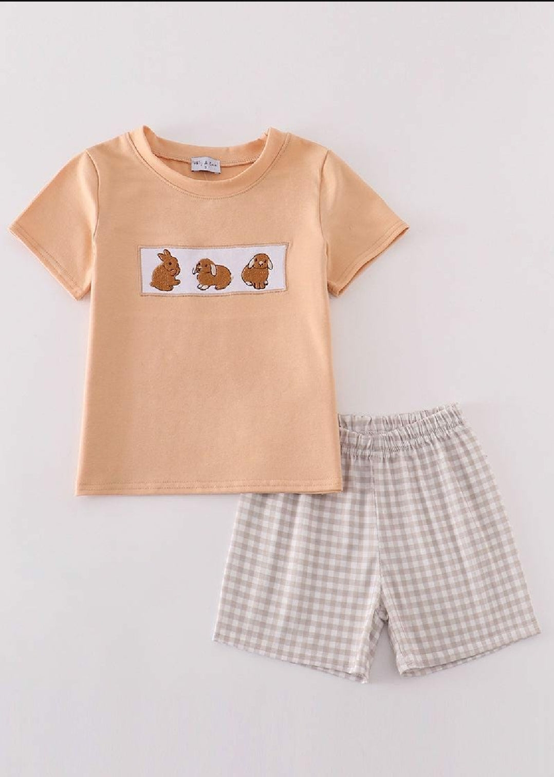 Boy's Boutique Easter Tan Bunny Bunnies Applique Embroidered Embroidery Two Piece Short Set Outfit Matching Sibling