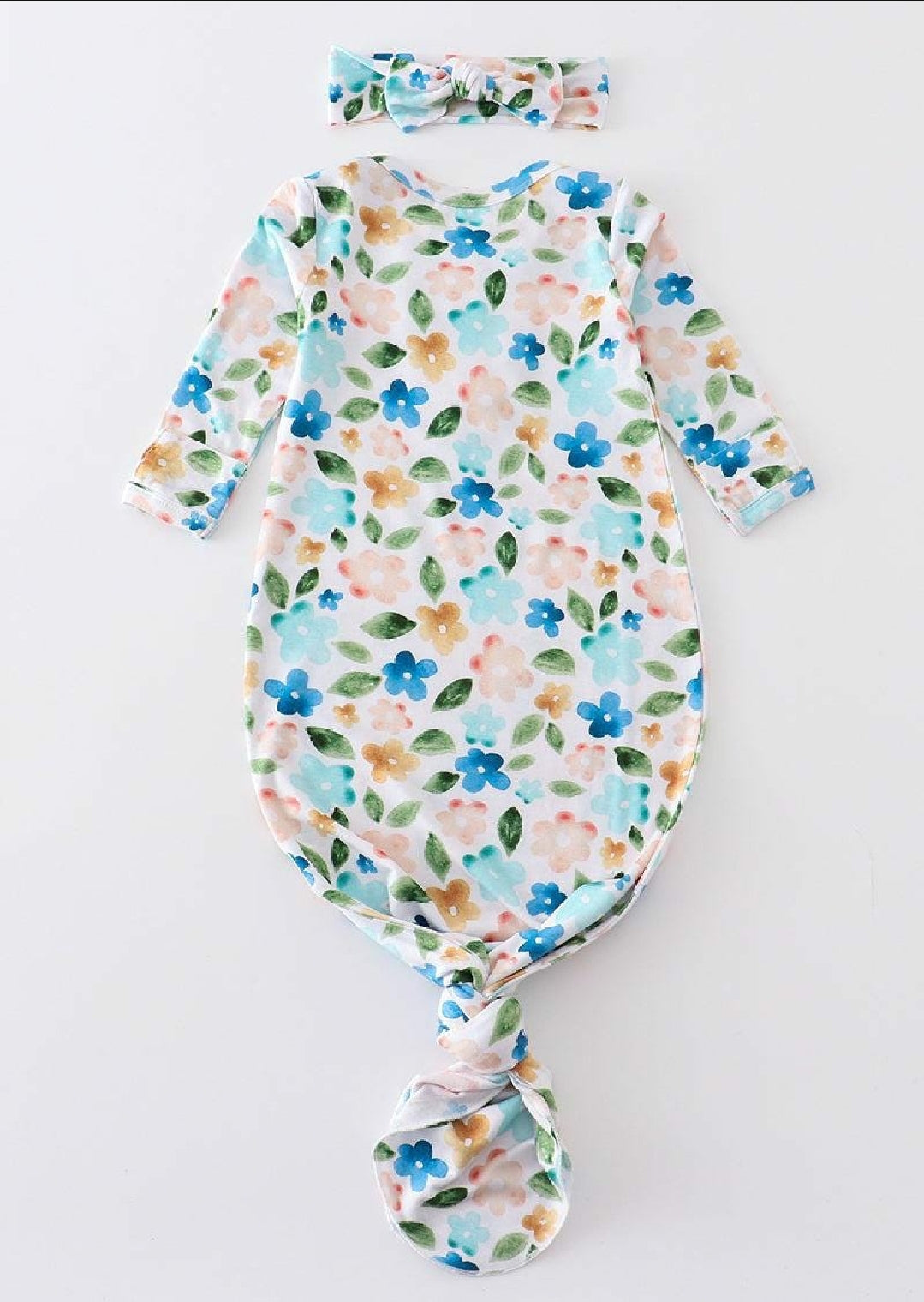 Girl's Boutique Blue Floral Print Bamboo Baby Knot One Piece Outfit And Matching Headband
