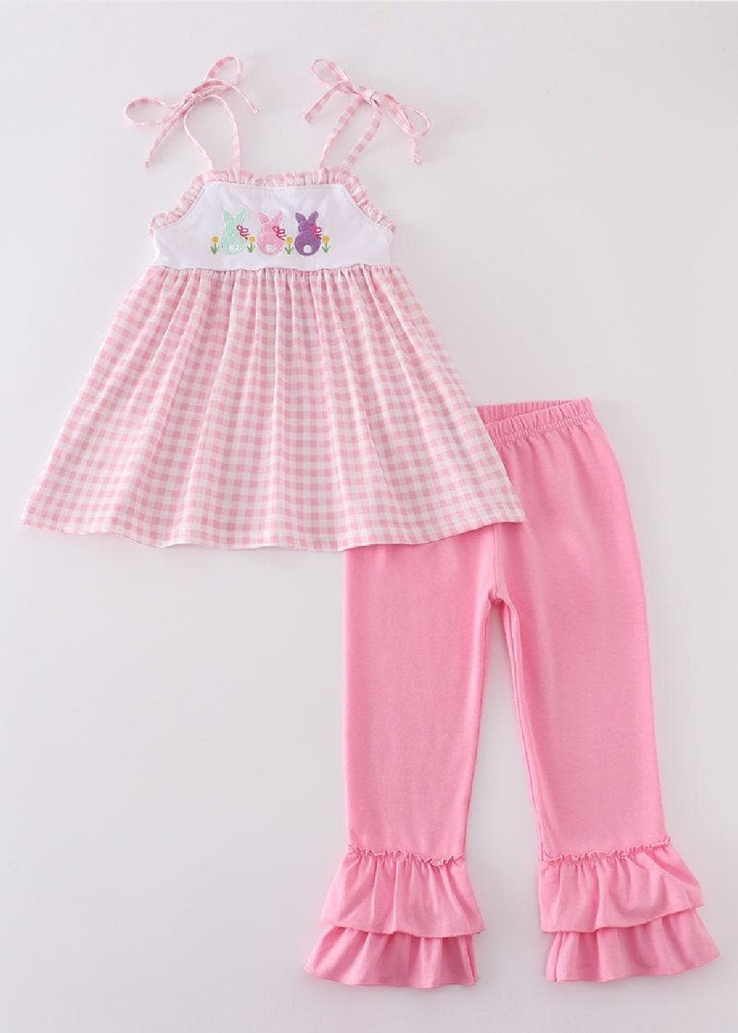 Girl's Boutique Pink Easter Bunny Gingham Two Piece Pant Set Outfit Sibling Matching Embroidered Embroidery