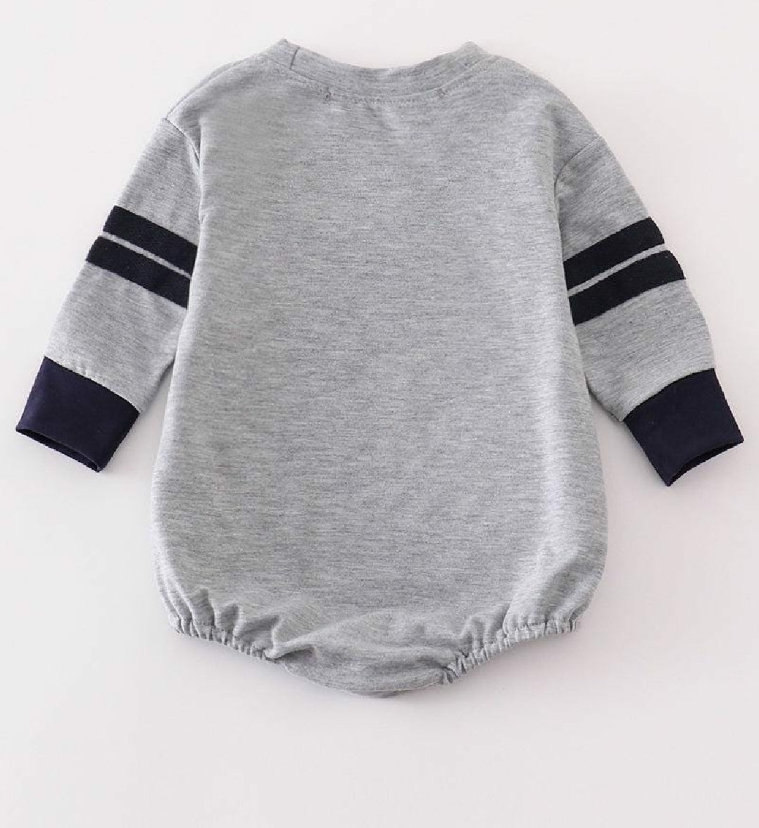 Boy's Boutique Gray And Navy Football Applique Embroidered Embroidery Romper Outfit Matching Sibling