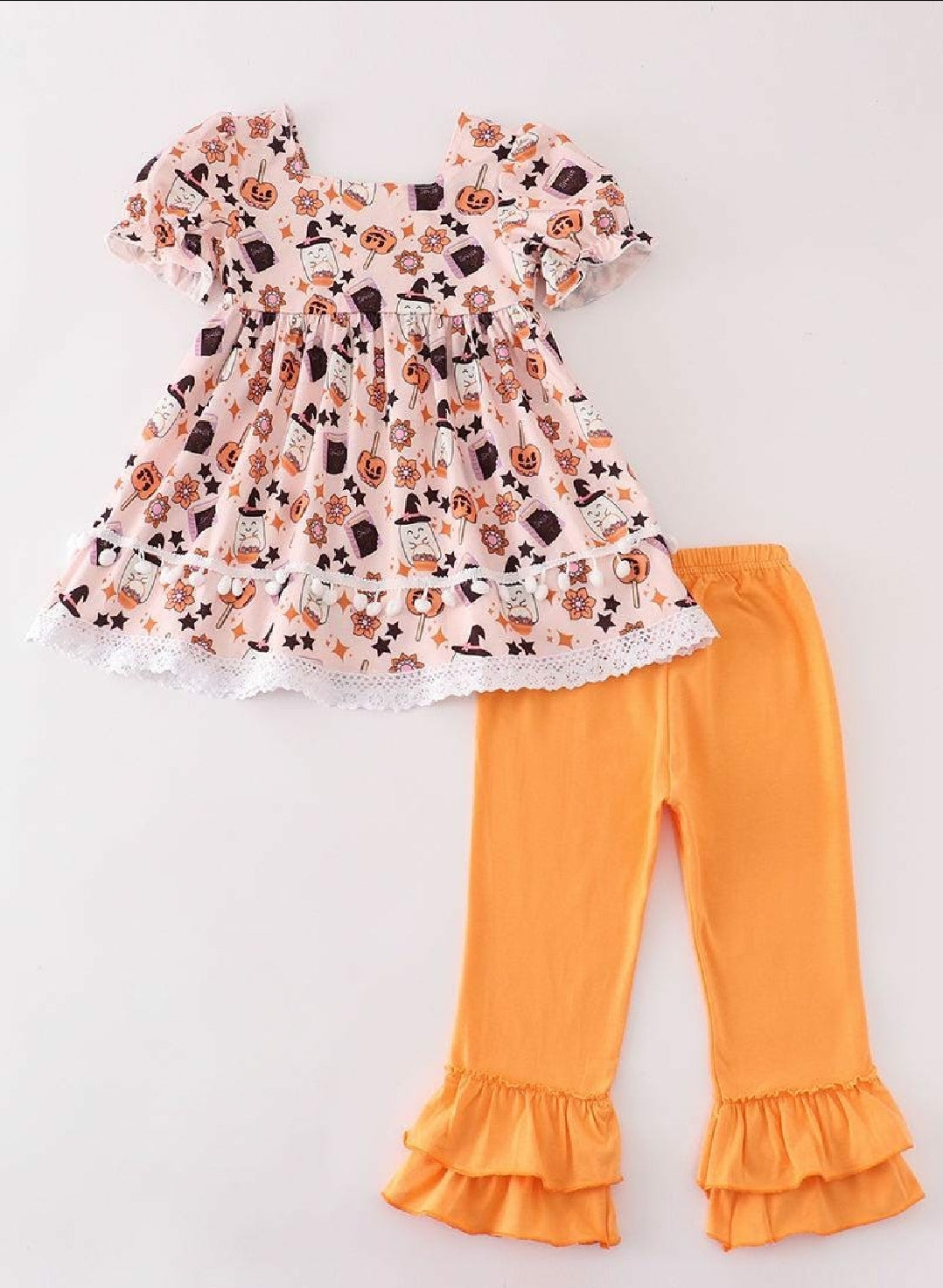 Girl's Boutique Cotton Happy Halloween Orange Ghost Girl Ruffle Pants Set Sibling Matching
