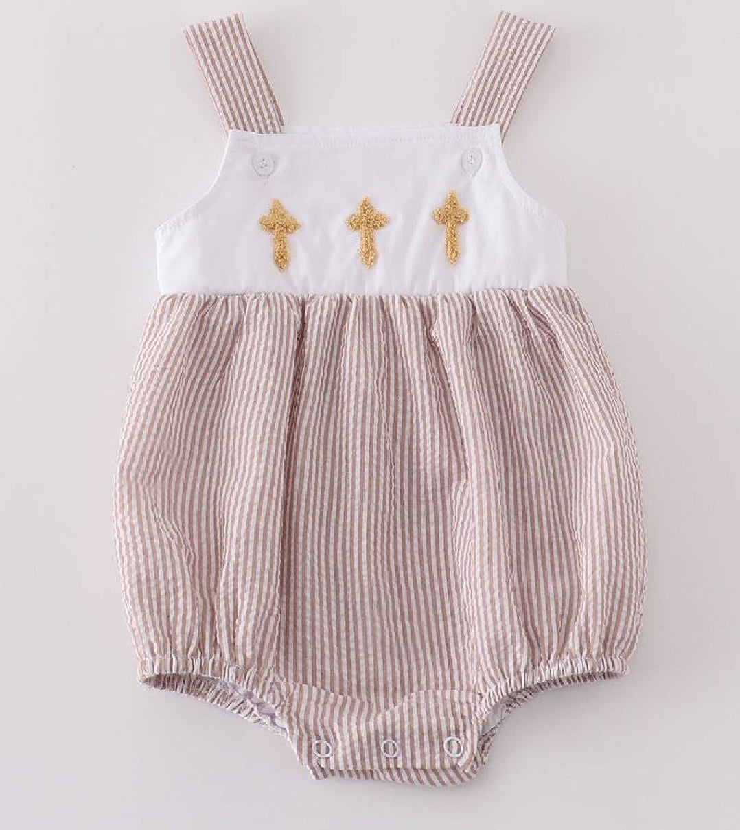 Boy's Boutique Premium White Stripe Easter Cross Brown Embroidered Bubble Romper Outfit Matching Sibling
