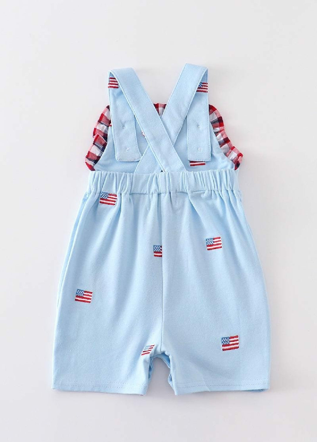 Boy's or Girl's Boutique Premium Blue Flag Patriotic 4th Of July Embroidered Jon Jon Romper Matching Sibling