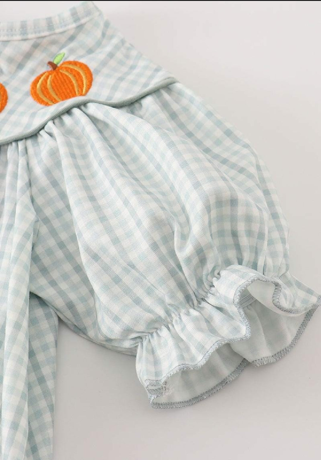 Girl's Boutique Cotton Green Pumpkin Checkard Embroidered Dress Matching Sibling