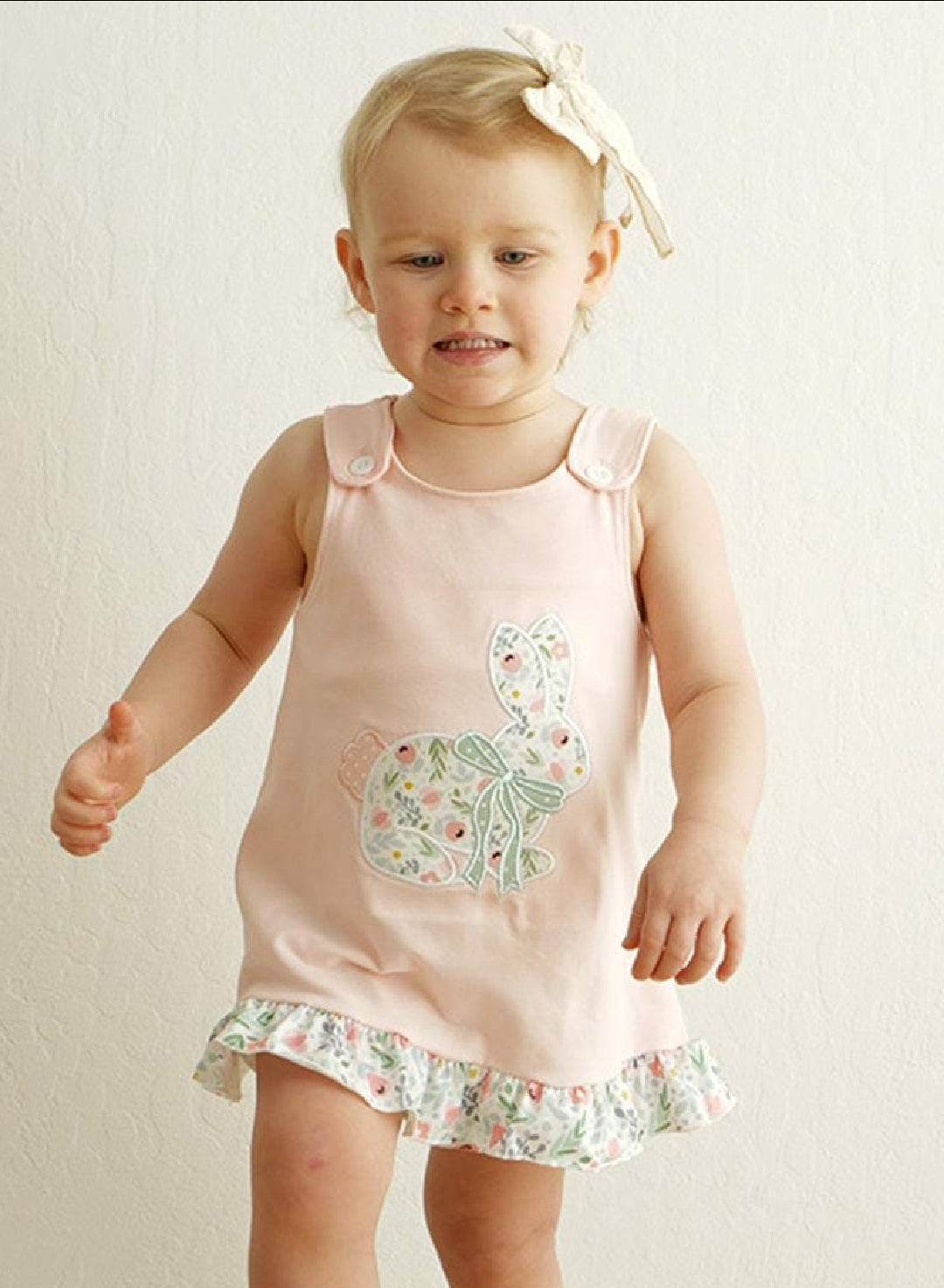 Girl's Boutique Pink Easter Bunny Floral Applique Embroidered Embroidery Bloomer Set Matching Sibling