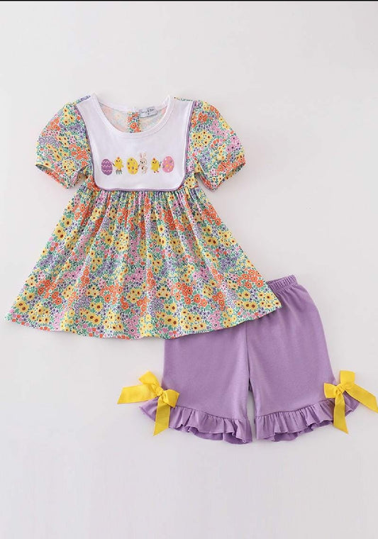 Girl's Boutique Easter Floral Bunny Egg Embroidered Embroidery Two Piece Short Set Outfit Matching Sibling