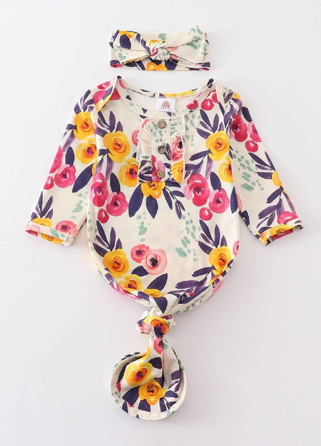 Girl's Boutique Spring Floral Print Bamboo Baby Knot One Piece Outfit And Matching Headband