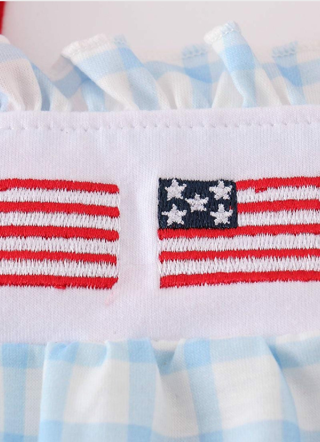 Girl's Boutique Patriotic Checkered Flag Red Blue Bubble Romper Outfit Embroidery Embroidered 4th of July Sibling Matching