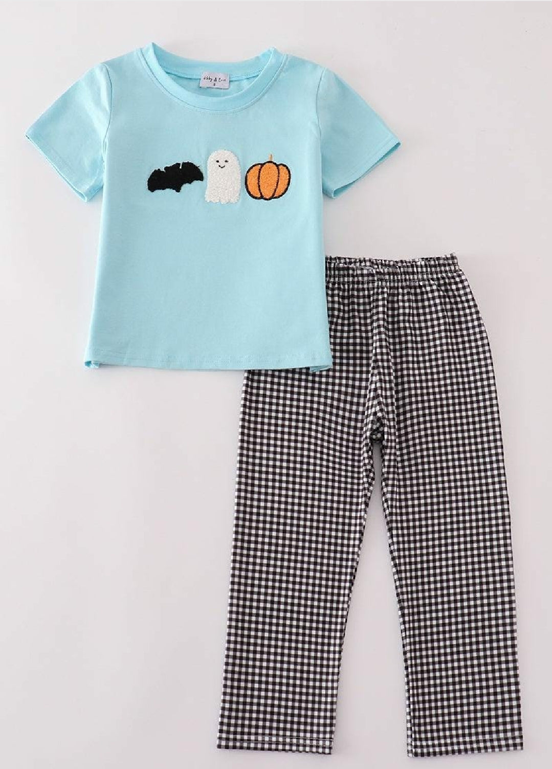 Boy's Boutique Blue Ghost Bat Halloween Plaid Embroidered Embroidery Two Piece Set Matching Sibling