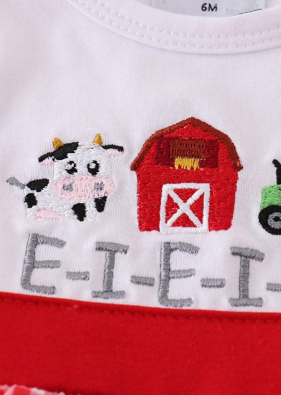 Boy's Boutique Red Farm E-I-E-I-O Applique Checkered Embroidered Embroidery Romper Outfit Matching Sibling