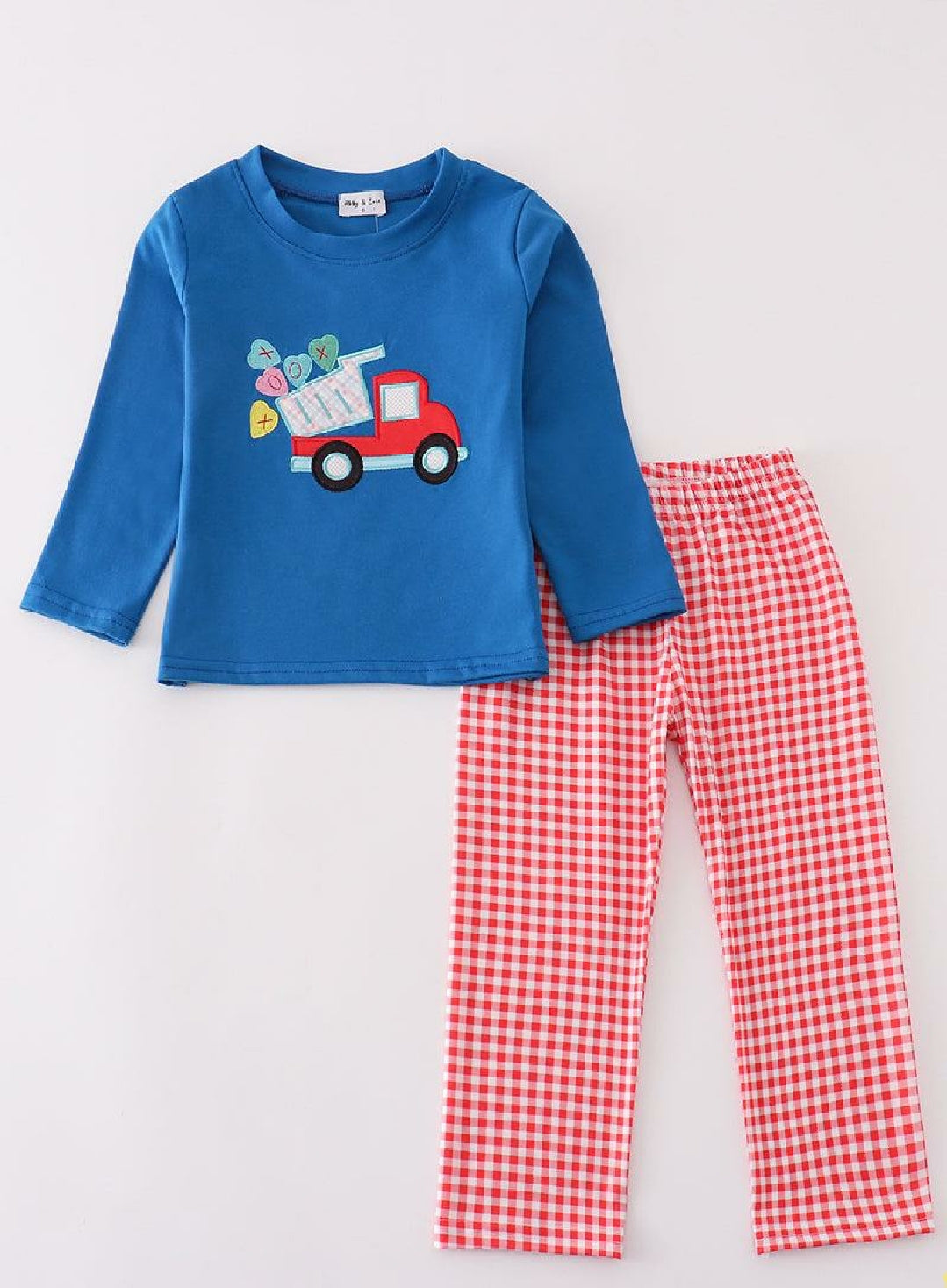 Boys Boutique Valentine's Day Heart Blue Truck Embroidery Embroidered 2 Piece Pant Set Outfit Matching Sibling