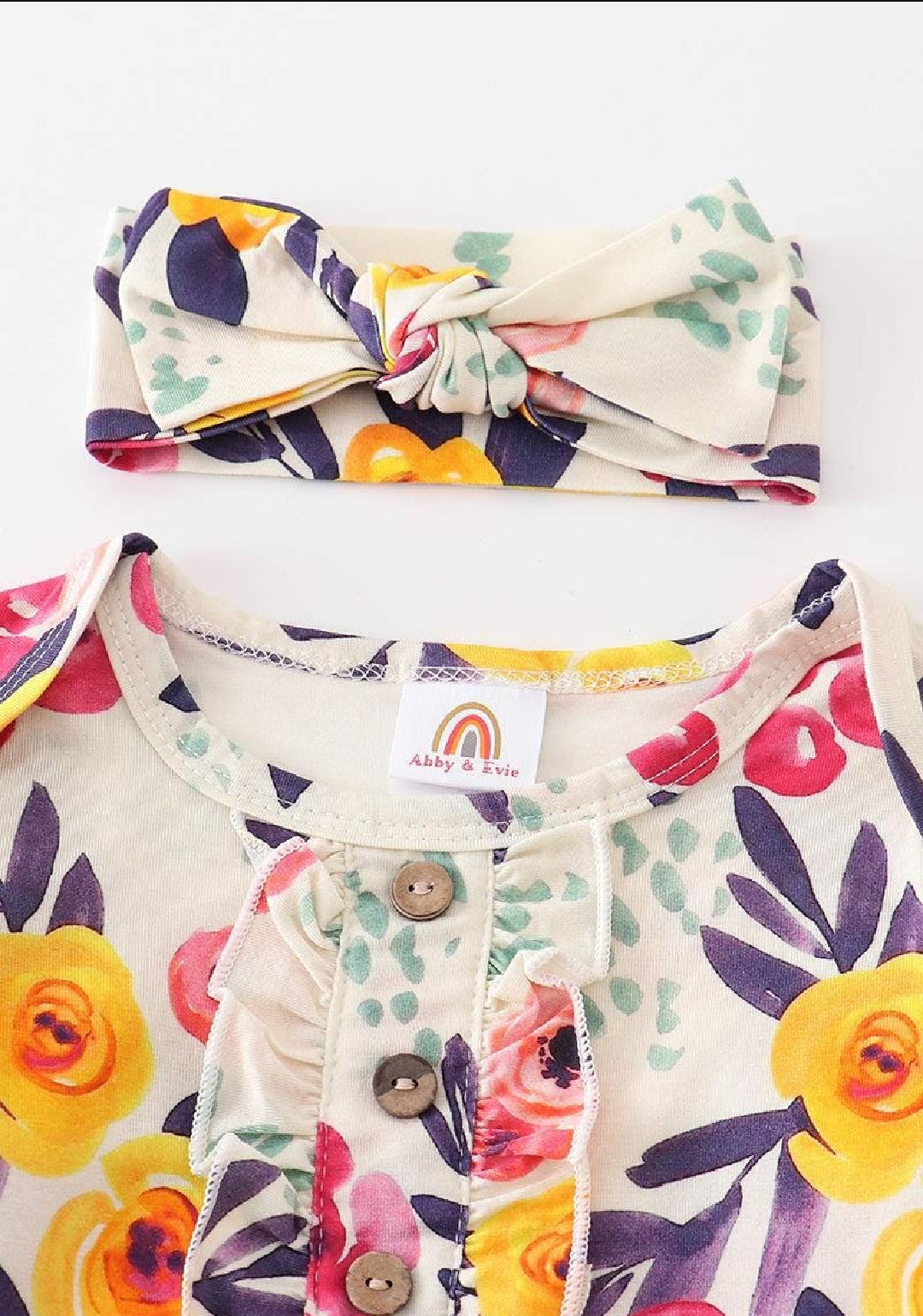 Girl's Boutique Spring Floral Print Bamboo Baby Knot One Piece Outfit And Matching Headband