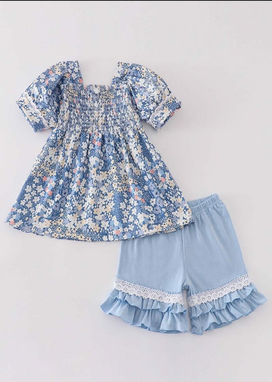 Girl's Boutique Blue Delicate Floral Lace Smocked 2 Piece Set Sibling Matching