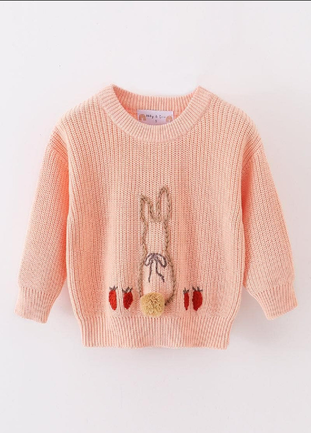 Girl's Boutique Coral Easter Hand-Embroided Handmade Hand-Embroidery Bunny Poof Pullover Sweater Matching Sibling