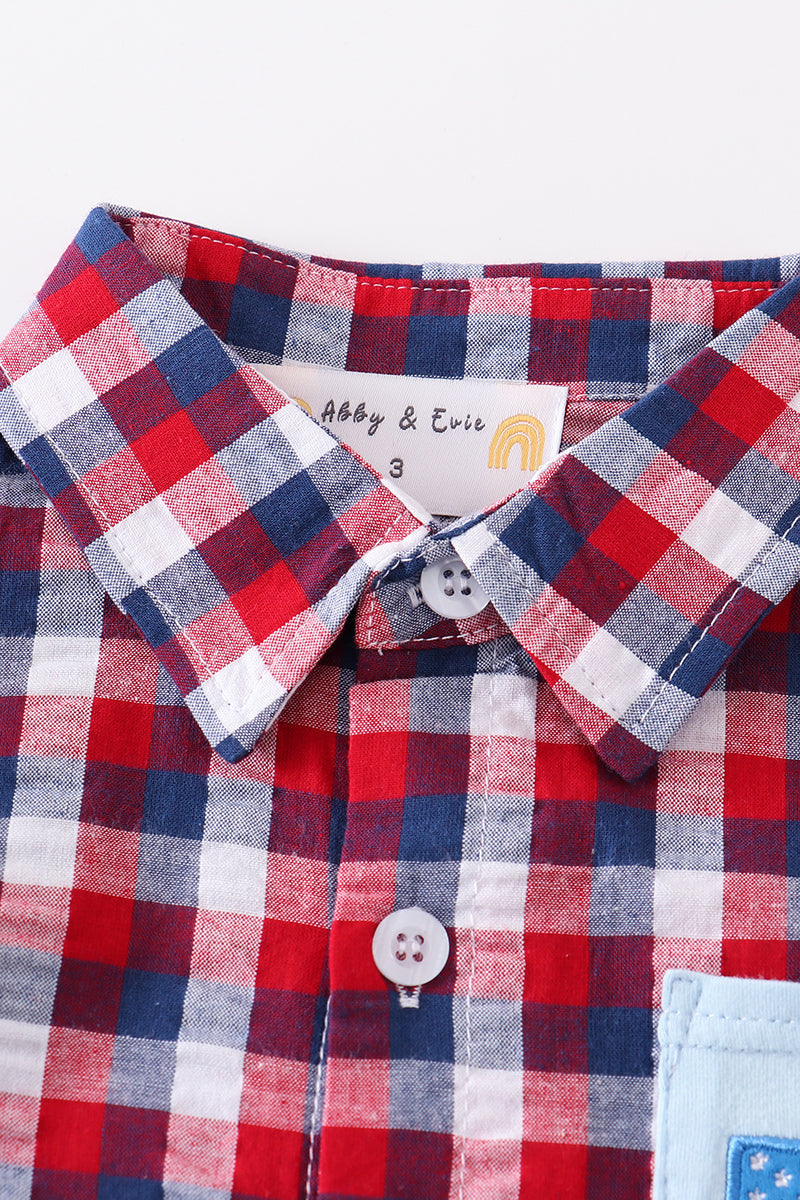 Boy's Boutique Premium Patriotic Plaid Flag Button Down Top Shirt 4th of July Sibling Matching