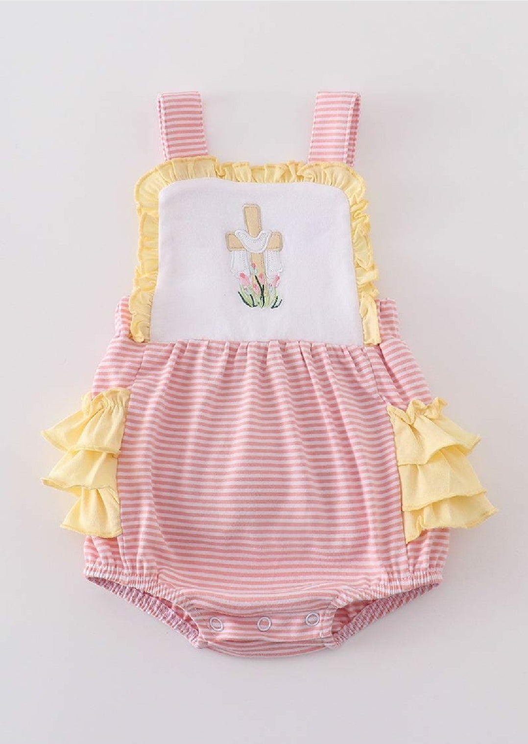 Girl's Boutique Premium Pink Easter Cross Girl Embroidered Embroidery Ruffle Bubble Romper Matching Sibling