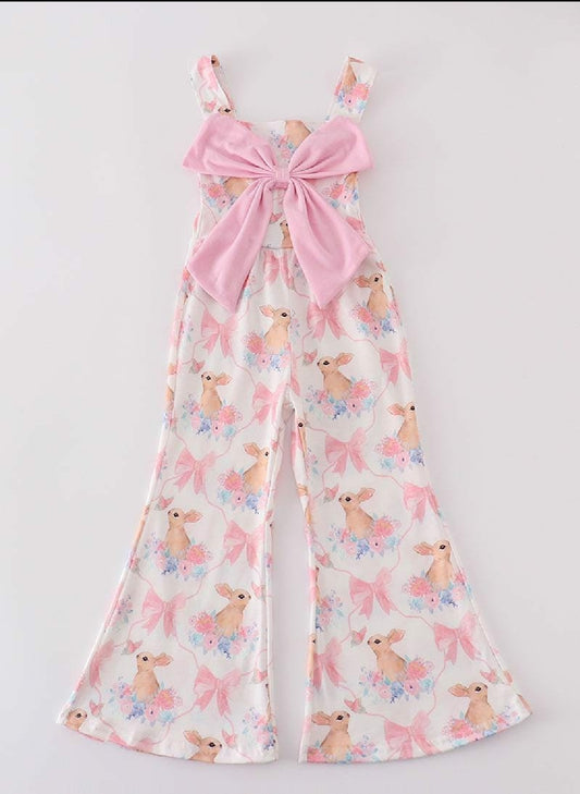 Girl's Boutique Easter Pink Bunny Bow Embroidered Embroidery Bubble Romper Matching Sibling