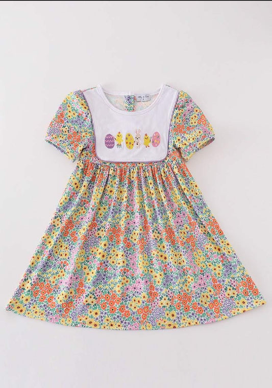 Girl's Boutique Easter Floral Bunny Egg Embroidered Embroidery Dress Matching Sibling