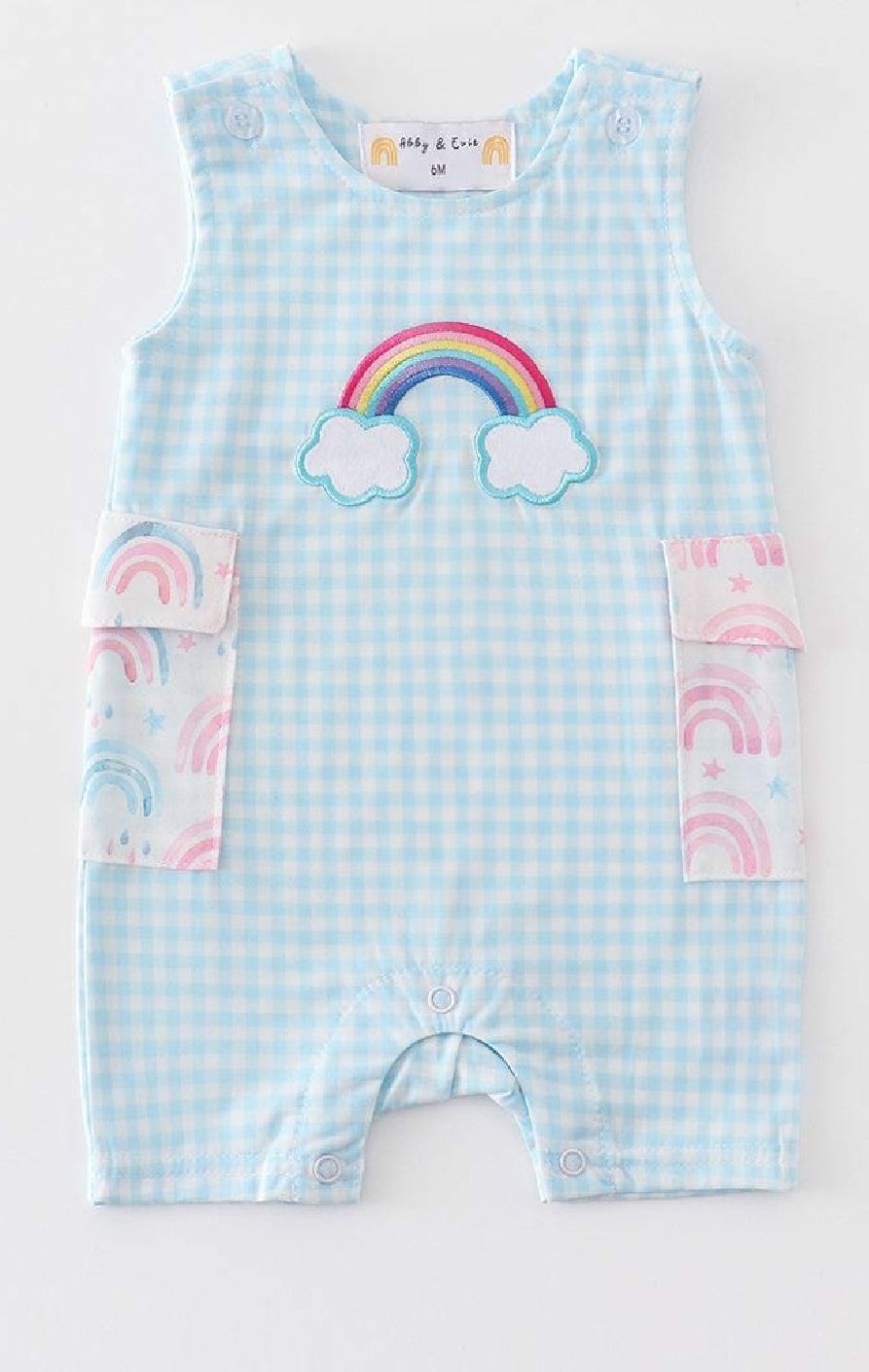 Boy's or Girl's Boutique Premium Blue Rainbow Embroidered Jon Jon Romper Matching Sibling