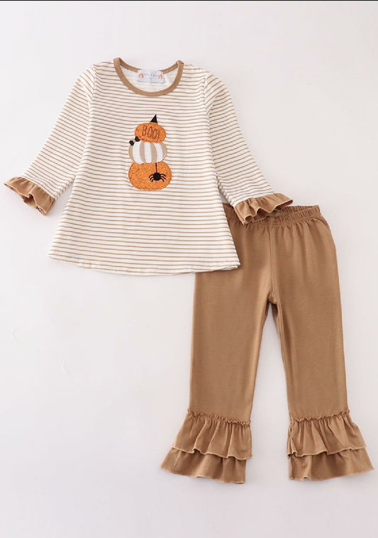 Girl's Boutique Cotton Halloween Pumpkin Khaki Stripe Applique Embroidered Boo Spider 2 Piece Set Sibling Matching