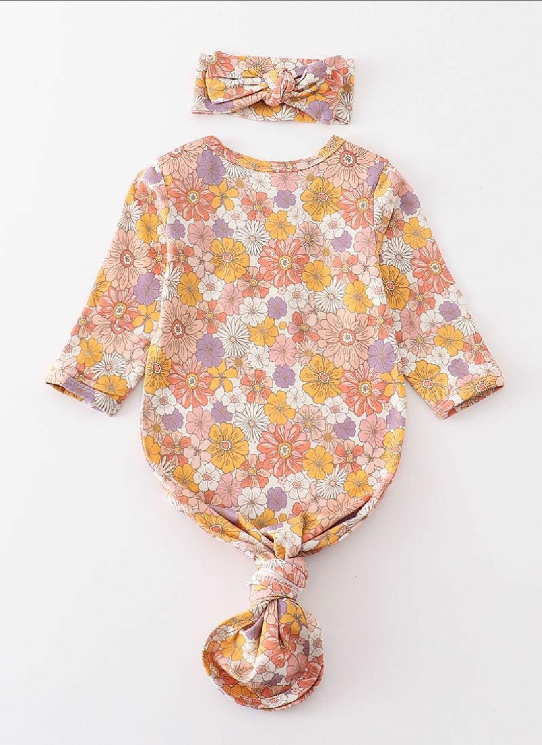 Girl's Boutique Mustard And Purple Spring Floral Print Baby Knot One Piece Outfit And Matching Headband