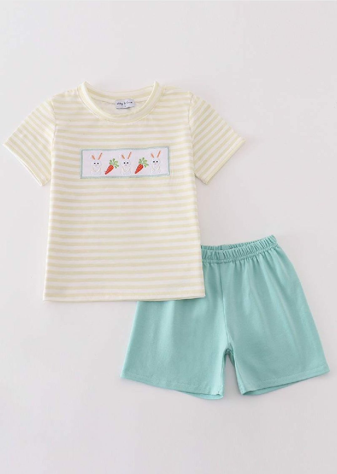 Boy's Boutique Yellow Bunny Embroidery Stripe Embroidered Two Piece Short Outfit Matching Sibling