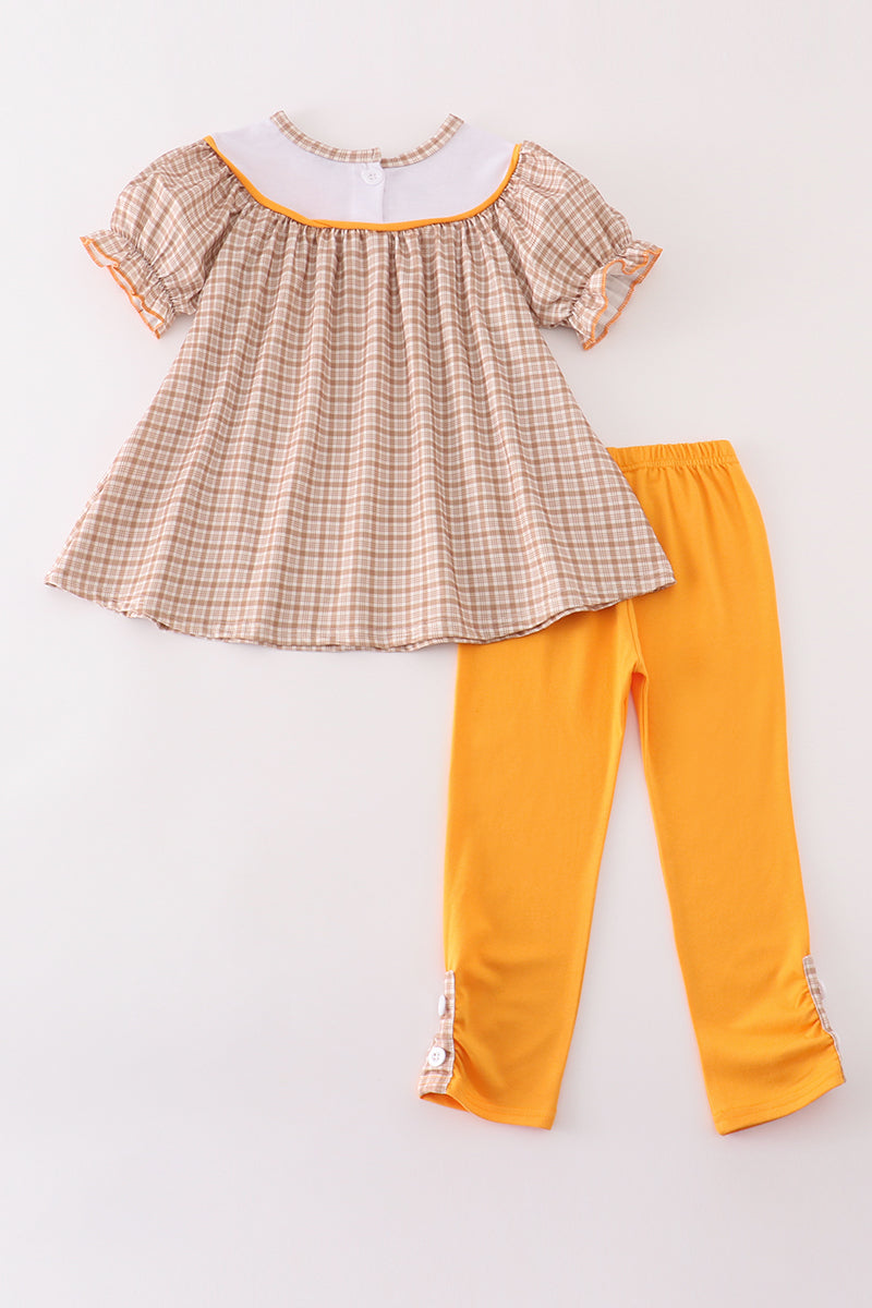 Abby & Evie Girls's Boutique Brown Plaid Turkey French Knot Embroidered Embroidery Thanksgiving Fall 2 Piece Outfit Matching Sibling
