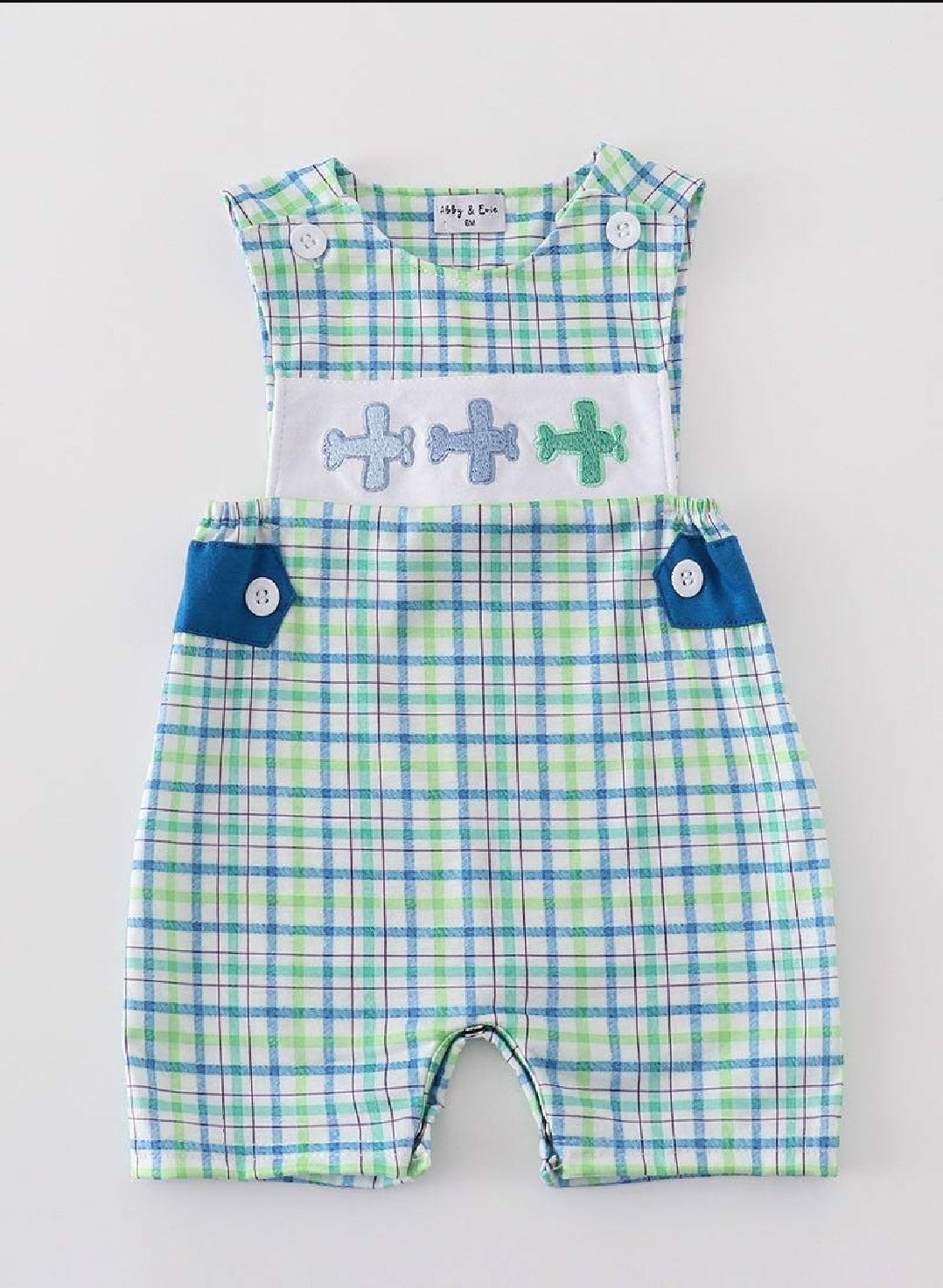 Boy's Boutique Blue Airplane Plaid JonJon Romper Sibling Matching Summer Plaid Embroidered Embroidery