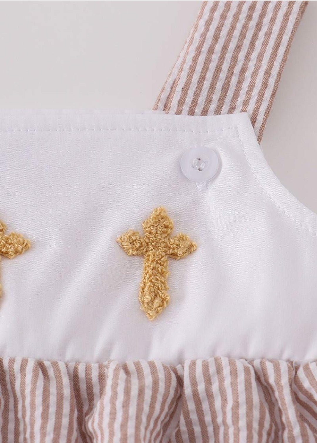 Boy's Boutique Premium White Stripe Easter Cross Brown Embroidered Bubble Romper Outfit Matching Sibling