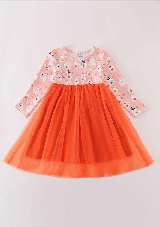 Girl's Boutique Cotton Halloween Orange Ghost Tutu Dress Sibling Matching