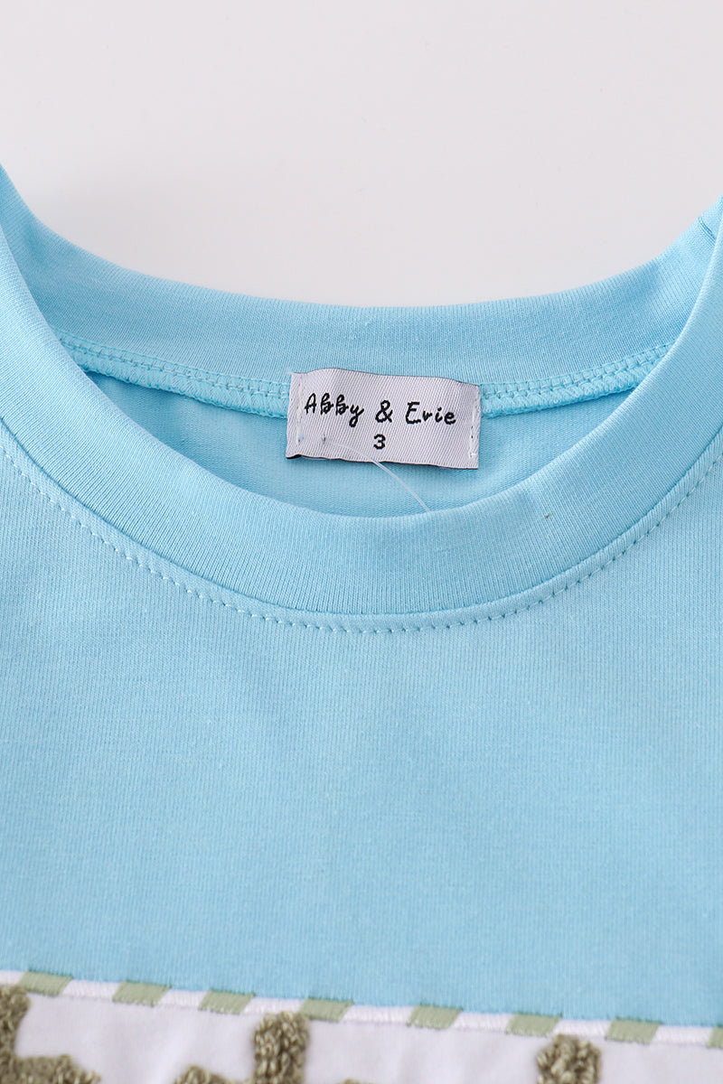 Boy's Boutique Green Blue Easter Cross French Knot Embroidered Embroidery Gingham 2 Piece Outfit Set Matching Sibling