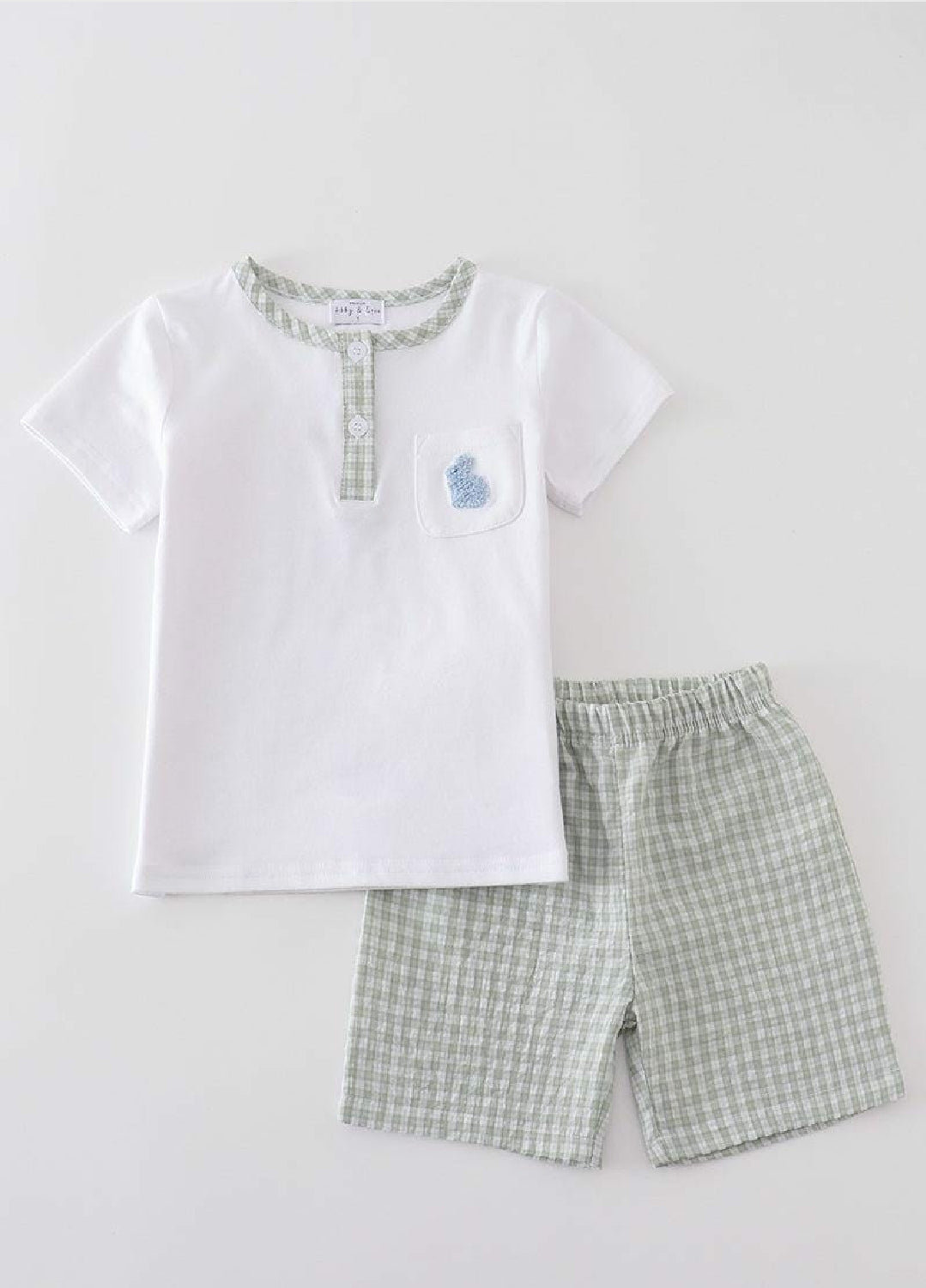 Boy's Boutique Premium White Green Easter Bunny Embroidered Two Piece Short Set Outfit Matching Sibling