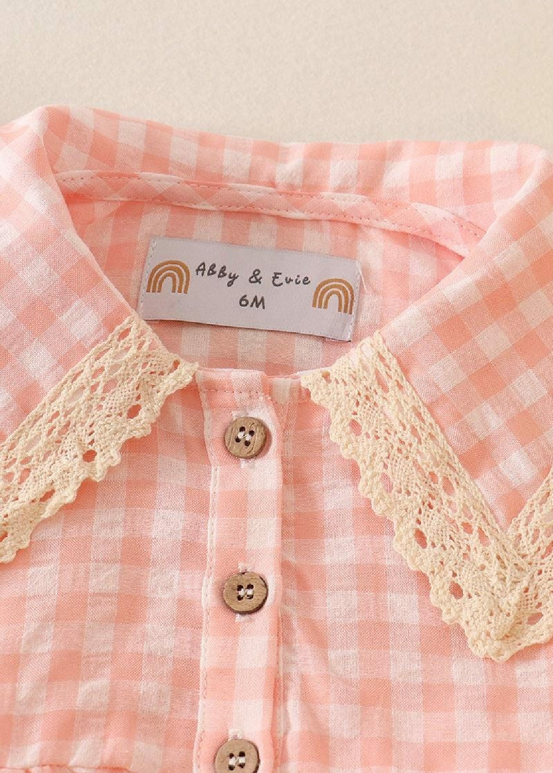 Girl's Boutique Blush Pink Plaid Linen Button Down Checkered Flannel Lace Bubble Romper Matching Sibling