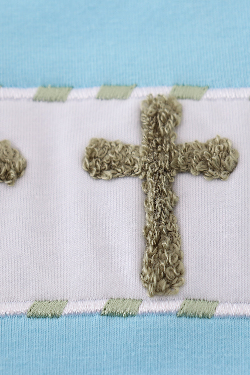 Boy's Boutique Green Blue Easter Cross French Knot Embroidered Embroidery Gingham Romper Matching Sibling