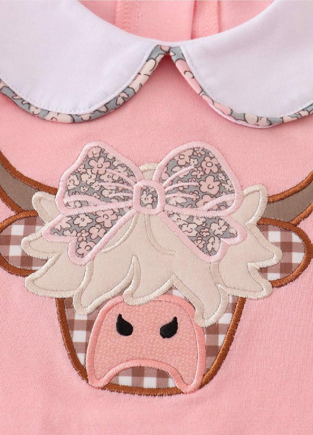 Girl's Boutique Pink Highland Cow Applique Embroidered Embroidery Short Set Outfit Matching Sibling