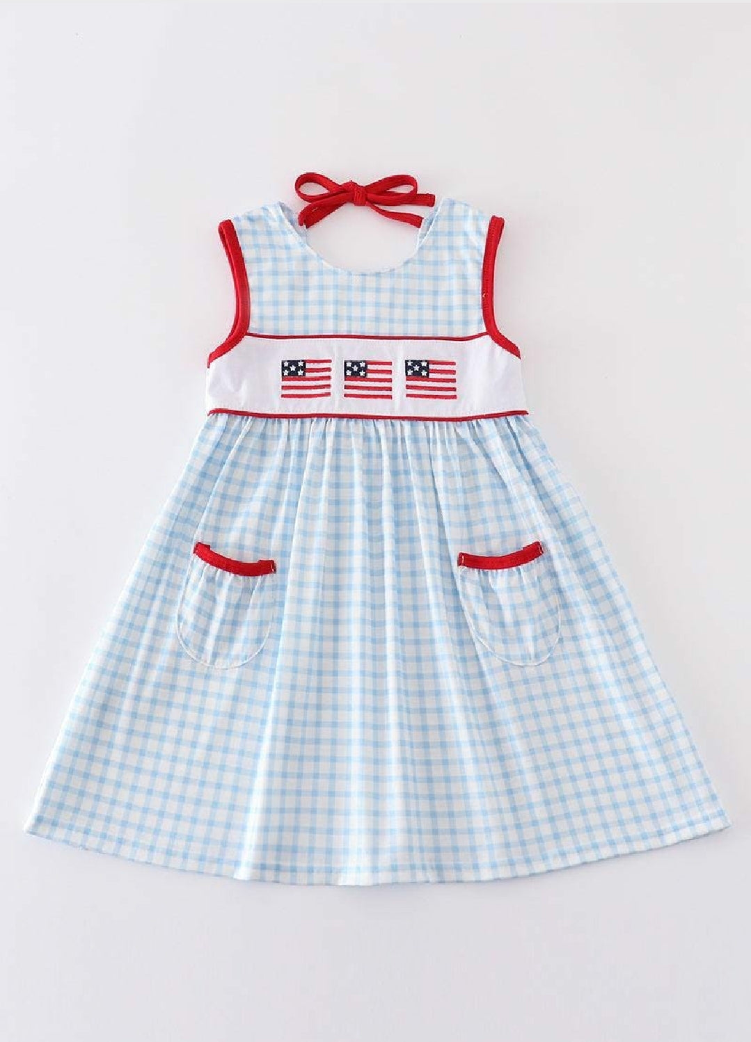 Girl's Boutique Patriotic Checkered Flag Red And Blue Pocket Dress Embroidery Embroidered 4th of July Sibling Matching